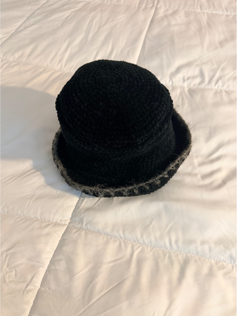 Black Crocheted Acrylic Bucket Hat with Gray Trim
